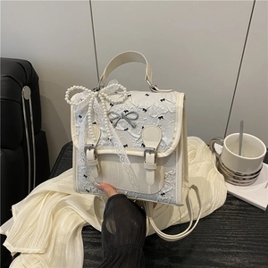 Women Korean Vintage Lace Bow Backpack PU Leather Fashion Small Student School Bag With Artificial Pearl Lace Pendant Sweet Lolita Style