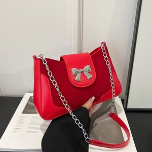 Women's Retro PU Leather Underarm Bag Splicing Design Silver Bow Buckle Metal Chain Strap Shoulder Saddle Bag For Daily Casual