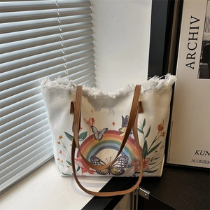 Sac Cabas en Toile Vintage pour Femmes Avec Franges Arc-en-Ciel Papillon Imprimé Floral Grande Capacité Sac à Épaule Avec Bandoulière en Cuir Sac de Plage et de Courses