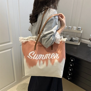 Grand sac cabas en toile pour femme avec franges et imprimé Summer rose
