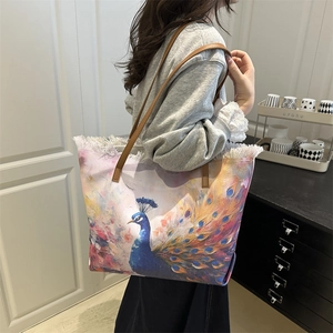 Sac fourre-tout vintage en toile avec imprimé paon, glands et anses en cuir marron