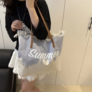 Grand sac cabas en toile dégradé bleu avec imprimé Summer et détails à franges