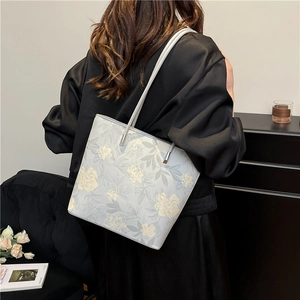 Sac fourre-tout gris élégant pour femmes avec imprimé floral vintage et longues anses