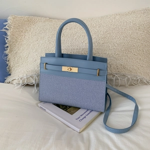 Women Fashion Contrast Color Patchwork PU Leather Canvas Handbag Kelly Style Metal Turn Lock Shoulder Crossbody Bag