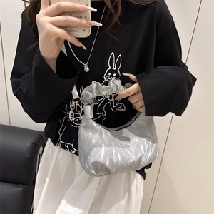 Metallic silver pleated chain crossbody bag with a trendy dumpling shape and ruched handle