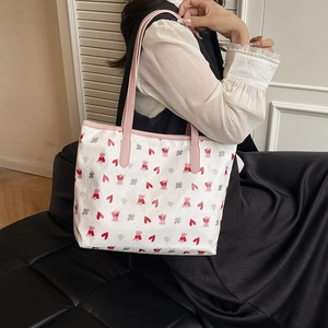 Sac fourre-tout à imprimé ours et cœur avec anses roses et grande capacité pour femme