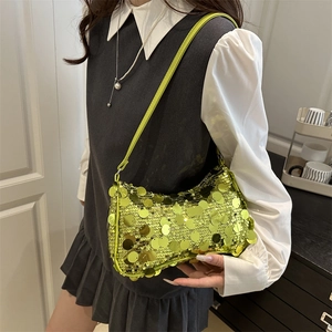 Neon green sequin underarm bag with large reflective scales for party fashion