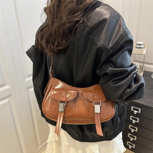 Chic caramel faux leather underarm bag with double front pockets in vintage style