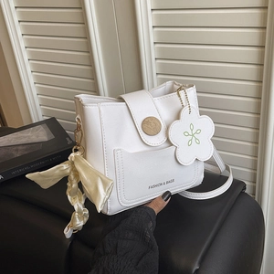 Fashion PU Leather Crossbody Bucket Bag For Women With Silk Scarf Ribbon Decoration Contrast Color Small Shoulder Bag