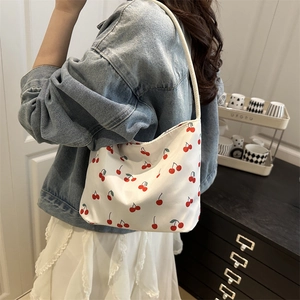 Sac fourre-tout en toile à imprimé cerise rouge avec une grande capacité pour étudiantes