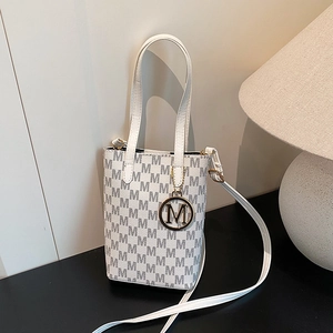 Vintage M Monogram Printed PU Leather Mini Tote Crossbody Bag With Metal Pendant For Women Commuting Shoulder Bag