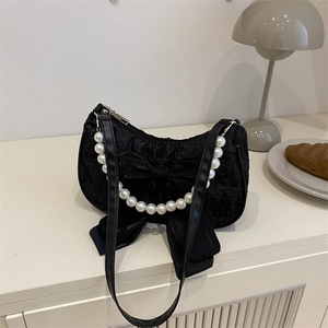 Sac Sous l'Aisselle à Nœud Papillon pour Femmes Chaîne en Künstliche Perles Jacquard Sac à Épaule Doux Vintage Français Sac à Main Demi-Lune Quotidien