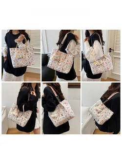Collage of model showcasing white graphic tote bag with cute bear and heart patterns