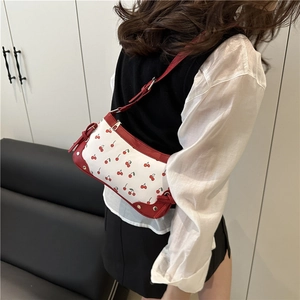 Retro cherry print shoulder bag for women with red leather straps and high capacity
