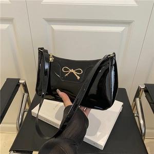 Damen Mode Schleife Glänzende PU Unterarmtasche Chic Lackleder Optik Schultertasche Kleine Baguette Handtasche Blumen Reißverschluss