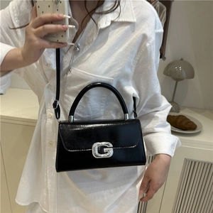 Classic black leather square handbag with silver rhinestone G buckle and adjustable strap