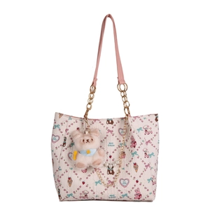 Pink printed tote bag with cartoon patterns, pearl chain and plush bear charm decoration