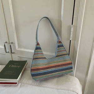 Korean Style Hand-Woven Striped Underarm Bag For Women Bohemian Vacation Beach Casual Shoulder Bag With Zipper Closure