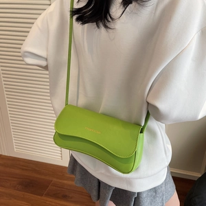 Fashionable green rectangular PU leather shoulder bag for women with minimalist golden logo