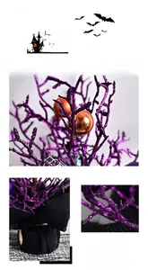 Detail of handmade Halloween wreath featuring purple glitter branches and orange ornaments