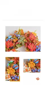 Detail of handcrafted autumn wreath with pumpkins, maple leaves and berries on white background