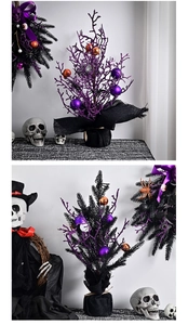 Detail of mini Halloween trees with purple and orange ornaments and black burlap base