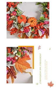 Macro detail of autumn wreath featuring faux pumpkins, maple leaves, and berries