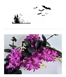 Detailed view of Halloween wreath with purple silk flowers and black eucalyptus leaves