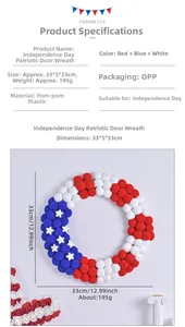Dimensions détaillées de la couronne patriotique de pompons rouge blanc et bleu