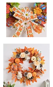 Detail of autumn wreath featuring pumpkins, orange maple leaves, and a decorative bow