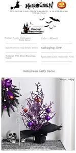 Detail of Halloween spooky tree decor with eyeballs, pumpkins and purple spiderweb ornaments