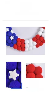 Détail d'une couronne de boules en peluche tressée rouge blanc bleu avec étoiles blanches