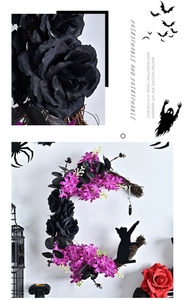 Detail of Halloween crescent moon wreath with black roses, purple flowers, and a cat silhouette