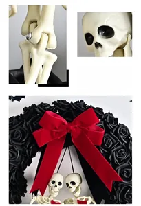 Detail of gothic Halloween wreath featuring black roses and a red velvet bow