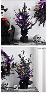 Detailed view of Halloween black tabletop trees with purple ornaments and skulls