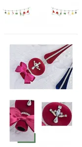 Detail of red velvet Christmas cane ornament with pink bow and rhinestone cross inlay
