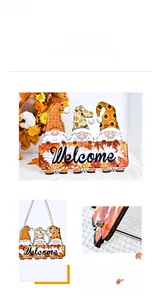 Detail of wooden Welcome gnome sign with autumn maple leaves for Thanksgiving decor