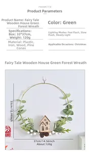 Detail view of fairy tale wood house wreath with pine cones and eucalyptus leaves