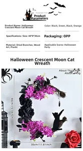 Detail view of Halloween crescent moon cat wreath with purple flowers and crystal pendant