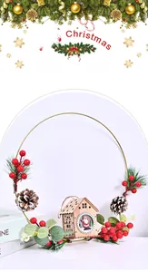 Detail of Christmas wreath with red berries, pine cones and a small wooden house