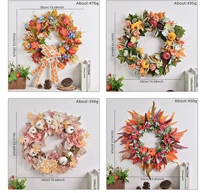 Detail showing four autumn pumpkin wreaths with size dimensions from 50cm to 65cm