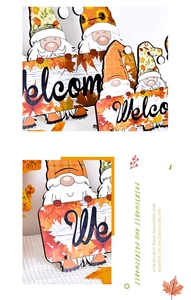 Detailed view of autumn gnome ornaments with Welcome sign and festive maple leaf patterns