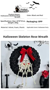 Close-up of Halloween wreath with black roses and velvet bow showing size dimensions