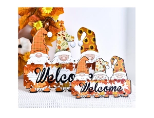 Detailed set of wooden autumn gnome welcome signs with maple leaves for Thanksgiving