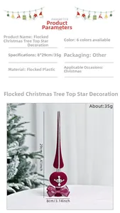 Detail view of burgundy flocked Christmas tree topper star with sparkling gems and bow
