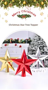 Close-up of gold red and silver star tree toppers for Christmas party decorations