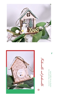 Detail of LED wooden XMAS ornament featuring a snowman and pine tree with hanging rope