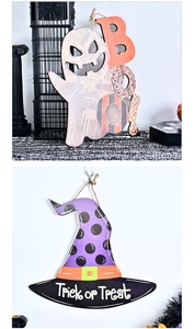 Panneaux de porte Halloween en bois avec BOO et Trick or Treat et décor de chapeau de sorcière