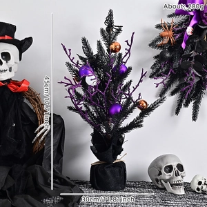 45cm Halloween black tabletop tree with purple ornaments and burlap base decoration