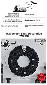 Detail view of 38x38cm Halloween burlap wreath with small white skulls for party decor